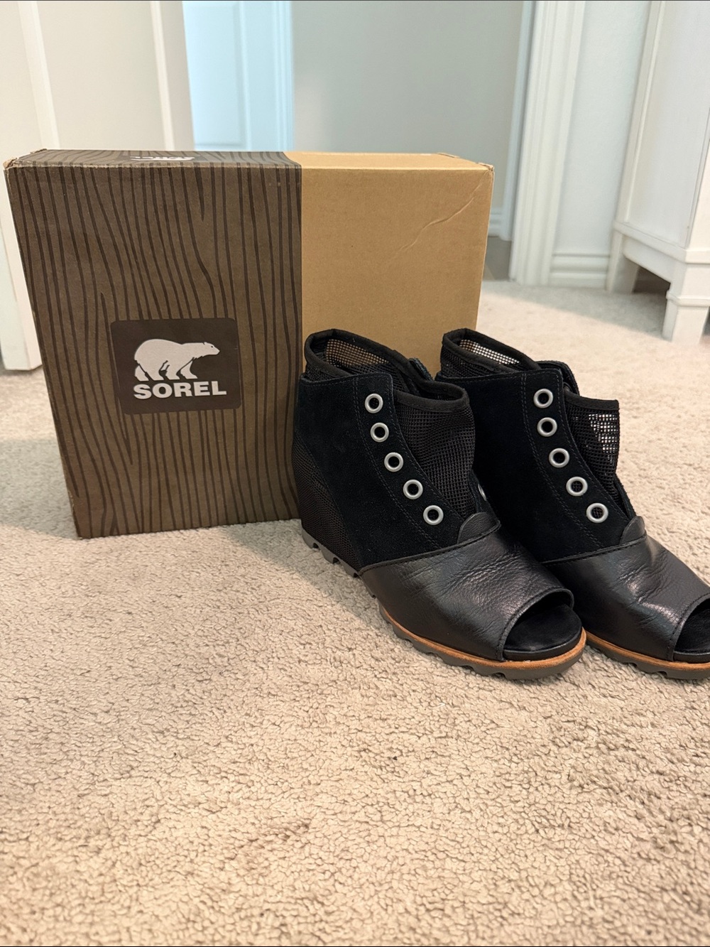Sorel Black Open-Toe Wedge Booties with Metal Eyelets